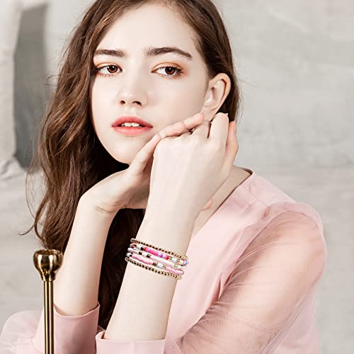 GOOJIDS Surfer Heishi Clay Bead Bracelets for Women Bohemian Stackable Gold Plated Beaded Stretch Bracelets Elastic Layering Friendship Bracelets Set Boho Jewelry - color: C-New Pink Sets