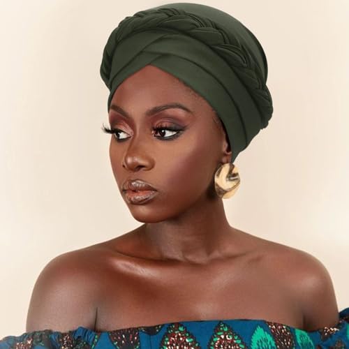 DRESHOW Turban Pre-Tied Twisted Hat Thread African Head Wraps for Black Women Chemo Cancer Cap Braid Hair Cover - color: 1 Pc Twisted Braid: Army Green