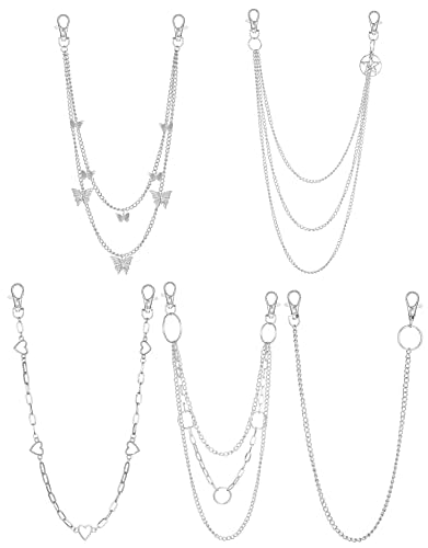 6 Pieces Pants Chains Multi-Layer Butterfly Lock Round Star Snak Heart Jeans Chains Accessory Hip Hop Pocket Punk Goth Wallet Chain Charm Rock Belt Loop Trousers Chain for Women Men Silver - style: C:5Pcs(Heart)