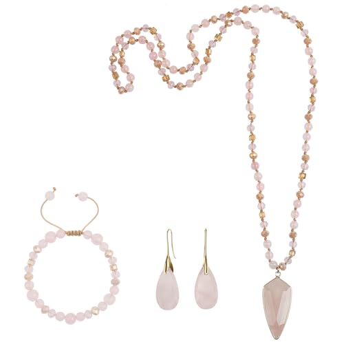 Boho Jewelry Sets for Women | 3 Pcs Natural Amethyst Labradorite Rose Quartz Beaded Long Necklace Wrap Bracelet Dangle Earrings Handmade Vintage - color: Rose Quartz