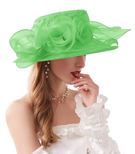 ORIDOOR Women’s Organza Church Tea Party Wedding Fascinator Derby Hat Wide Brim Sun Hats - color: D9-mint Green