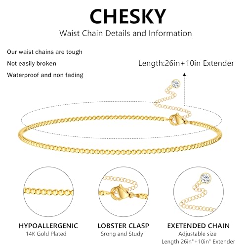 CHESKY Waist Beads for Women, Dainty 14k Gold Plated Waist Chain Beach Accessories Cute Belly Chain Body Chain Gold Chain Belts for Women Summer Beach Jewelry for Womens Gifts Rave Outfits for Womens - style: Beads