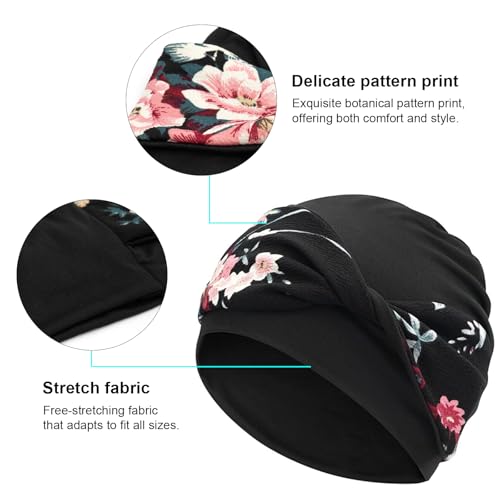 Women Knot Slouchy Beanie Chemo Hat Twist Stretch Cancer Head Wraps Sleep Head Scarf - color: Black Red Flowers