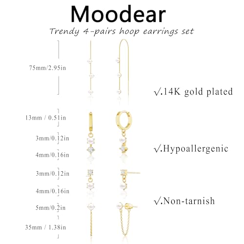 Pearl Earrings for Women, Gold Plated Huggie Hoop Drop Earrings | Hypoallergenic pearl hoop earrings designed for multiple piercings, cartilage styling and everyday wear - style: 4 pearl stud chain earring set-gd