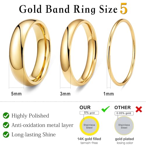 Gold Band Rings for Women Men Non Tarnish, Wedding 14K Gold Plated Stackable Ring Set for Couples, Dainty Thin Plain Simple Promise Dome Band Thumb Pinky 1mm 3mm 5mm Jewelry Gift Comfort Fit Size 3-13 - color: Gold-1mm 3mm 5mm, size: 5