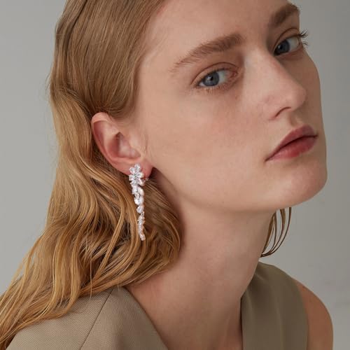 Awinesn Clip on Earrings for Women 925 Sterling Silver Plated Cubic Zirconia Long Tassel Dangle Drop Earrings Non Pierced Earrings for Women Jewelry Gifts Wedding Party - color: leaves 2