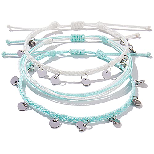 FANCY SHINY String Ankle Bracelets Waterproof Rope Anklets Braided Beach Boho Coin Anklets Cute Friendship Foot Jewelry for Women - style: White/Teal