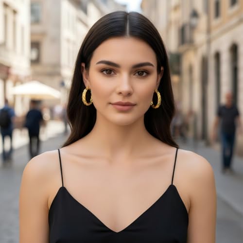Gold Hoop Earrings for Women 14K Gold Earrings for Women Thick Large Earrings Gold Huggie Earring Womens Lightweight Hypoallergenic - color: Wheat Gold