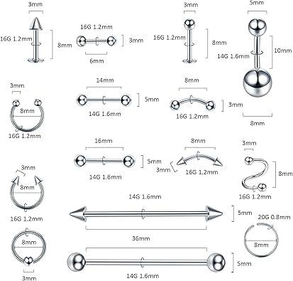 Oveta 150-151PCS Body Piercing Jewelry Lot 14G 16G 20G Stainless Steel Nose Lip Tongue Cartilage Tragus Eyebrow Industrial Barbell Belly Button Rings Piercing Kit Jewelry - style: 151pcs-Mixed Color
