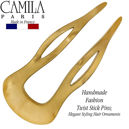 Camila Paris CP3417 French Twist Stick Clip Pins, Gold, Wavy Hair Pin U-Shaped Hair Fork for Girls Spiral Updo Chignon Bun Holder, Fashion Flexible Styling Hair Accessories for Women, Made in France - color: 2-Prong Gold