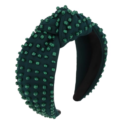 YISSION Emerald Dark Green Dense Beaded Knotted Headband for Women, Wide Padded Top Knot Headband, Non Slip Comfortable Fashion Hairband for Daily Wear, Party, Wedding - color: Dark Green