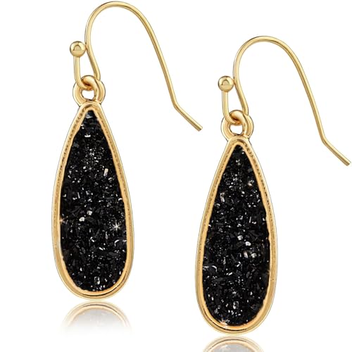 Teardrop Dangle Earrings for Women with Simulated Druzy Stones, in Gold or Rose Gold Tone - color: Gold - Black Stone
