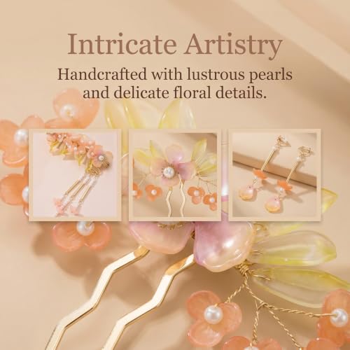 HINZIC 5pcs Pearl Flower Tassels Hairpin Set for Women, Red | Non-Slip, 2pcs Earrings Inclued, Alloy Made, Adorned with Rhinestones and Pearl, for Wedding, Brides, Parties, for Long Hair - color: Red
