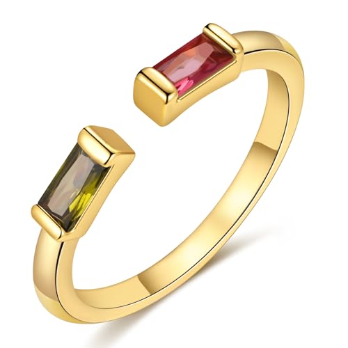 TOBENY Gold Birthstone Rings for Women 14K Gold Plated Adjustable Rings Non Tarnish Gold Stackable Rings Dainty Emerald Green Cubic Zirconia Ring for Mother Daughter Birthday Jewelry Gifts - color: Jul+Aug