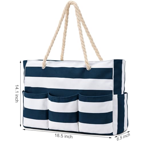 Becokan Beach Bags for Women Canvas Large Beach Tote Bag Zipper Waterproof Sandproof Foldable Swim Pool Bag with 7 Pockets - color: Dark Blue