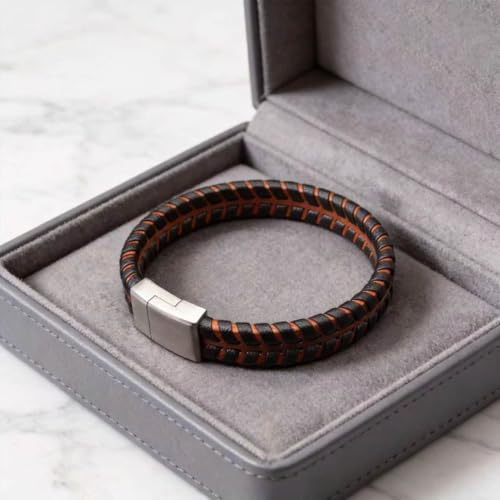 Men's Leather Bracelet, Stackable Stainless Steel Clasp Bracelets for Men Stylish Birthday, Thanksgiving, Valentine's Day Gift for My Man - style: 8.4" Orange and Black