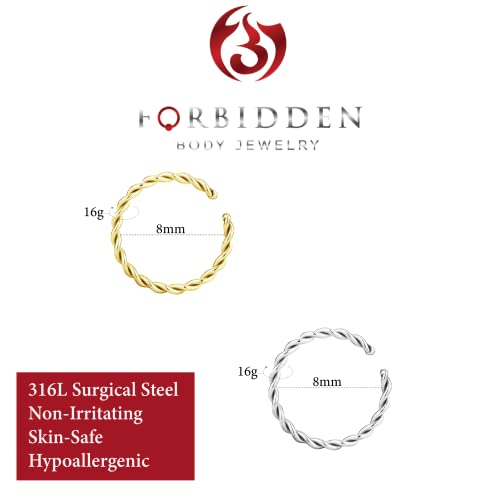 Forbidden Body Jewelry Nose Rings Set Surgical Steel Braided Hoops for Pierced and Fake Nose and Cartilage Piercings 14G-20G - style: 16g 8mm Silver/Gold Tone (2Pcs)