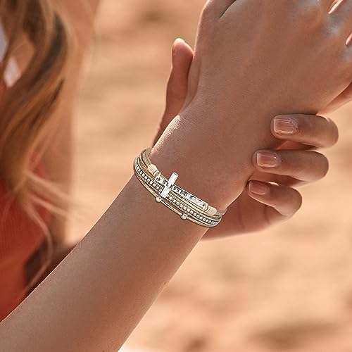 Fesciory Leopard Bracelet for Women, Boho Leather Wrap Multi-Layer Pearl Crystal Bracelet Bangle Jewelry - style: Blessed Cross(Khaki)