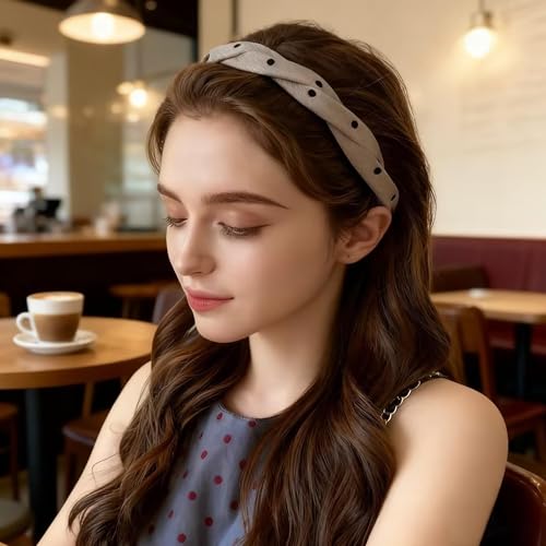 4 Pcs Polka Dot Headbands with Teeth for Women, Twisted Knotted Non-Slip Comb Hairbands, Ribbed Fabric Wrapped Hard Hair Hoops, Vintage Neutral Hair Accessories for Girls Daily Wear - color: Polka Dot Twist