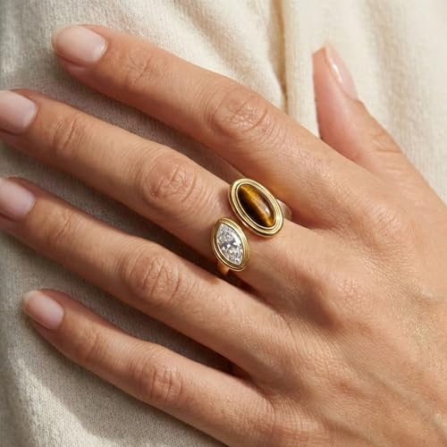 Mchic Adjustable Chunky Rings for Women: Dainty Natural Gemstone Ring Stainless Steel 18K Gold/Silver Plated Band Rings Non Tarnish Waterproof Statement Fashion Jewelry Gift for Women - color: Gold+Tiger Eye Stone+Cubic Zirconia
