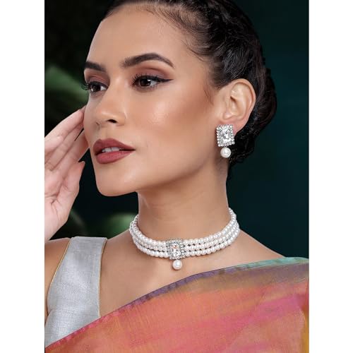 Aheli Ethnic Choker Necklace Earrings Wedding Bollywood Party Jewelry Set Gift for Women - color: White 1