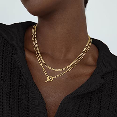 CHESKY Layered Necklaces for Women, 14K Gold Plated Chain Necklace Women Trendy Cuban Link Paperclip Chain Toggle Clasp Necklace Fashion Chunky Jewelry for Women - style: Toggle/Paperclip-GD