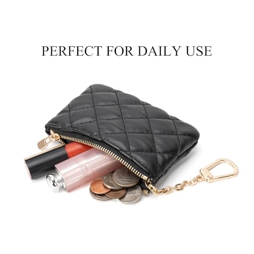 Quilted Leather Coin Purse with Keychain - Small Coin Pouch Key Pouch Small Card Holder Keychain Wallet Change Purse for Women and Men (Black) - color: Black