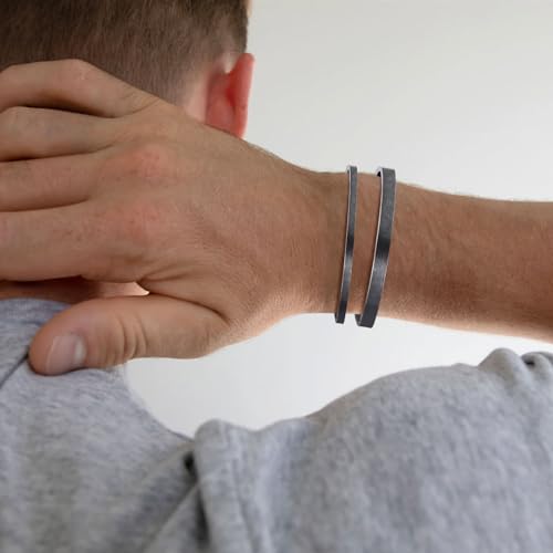 MEALGUET Stainless Steel Mens Cuff Bracelet : Minimal Cool Silver/Black/Gold Plated Open Metal Cuff Bangle Bracelets for Men,Mens Bracelet Jewelry Gift - color: Antique Grey-2-Pack, size: Medium( fit 5.5"-7.2" wrist)
