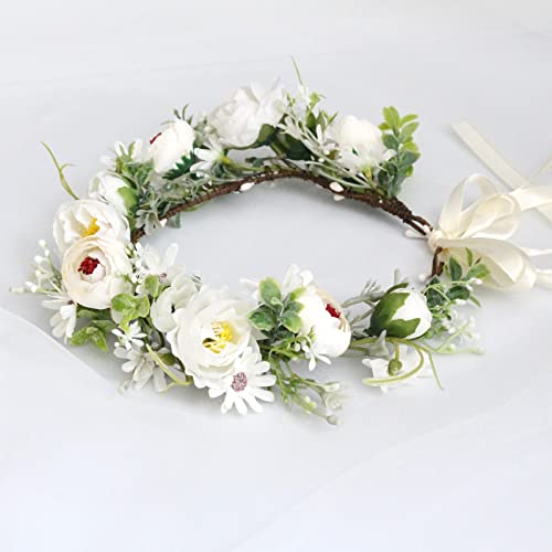 Vivivalue Women Flower Crown Flower Garland Headband Hair Wreath Floral Headpiece Halo Boho with Ribbon Wedding Party White - color: 69