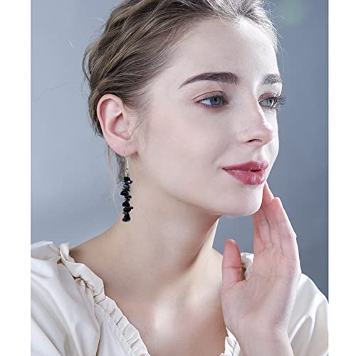 Handmade Bohemian Vintage Silver Nature Stone Beads Long Dangle Drop Earrings for Women - color: Black