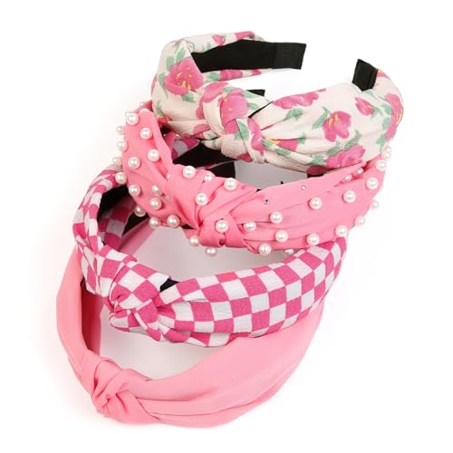 Huachi Hot Pink Headbands for Women Girls, 4 Packs Cute Flower Printed Knotted Head Bands for Women’ s Hair, Non Slip Fashion Wide Top Knot Womens Hairbands, Girls Pink Trendy Stuff Hair Accessories