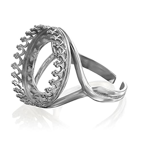 925 Sterling Silver Adjustable Ring Blank with 12-16 mm Round Bezel Setting with Decorative Crown Trim - color: Oxidized-Silver, size: Size 16