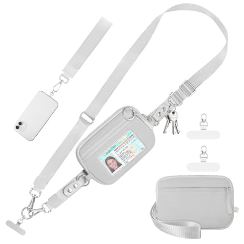 Tiostep Clip and Go Strap for Phone with Wallet Crossbody Phone Lanyard Adjustable and Detachable RFID Wristlet Wallet with ID Window and Zipper, Grey - color: Grey, size: Medium