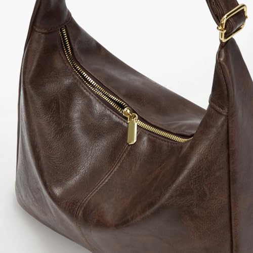 Brown Shoulder Bag for Women,Brown Leather Purse Slouchy Hobo Bags Everyday Purse Daily Commuting Bag with Zipper - color: Coffee