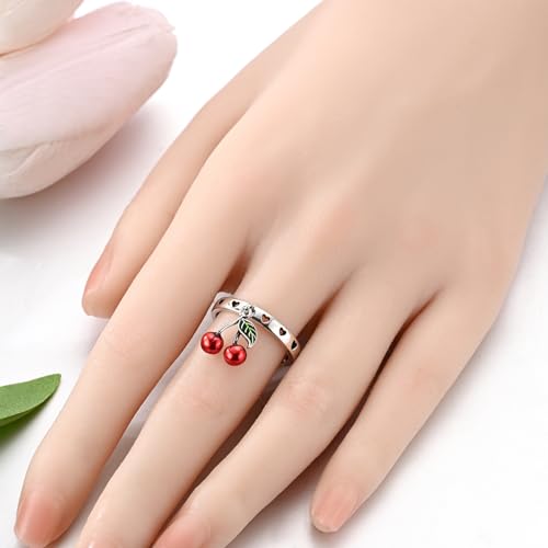 PARCOM Adjustable Women Stackable Ring, 925 Sterling Silver Open Rings - Trendy Eternity Cubic Zirconia Stackable Band Engagement Promise Ring for Her, Hypoallergenic Non Tarnish Nature Bird Floral Thumb Rings - color: Cherry Shaped