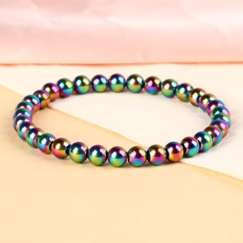 LPBeads Handmade Natural Gemstone Stretch Elastic Bracelet Healing Crystal Round Stone Beads Jewelry Gifts for Women Men - color: Rainbow Coated Hematite, size: 6mm