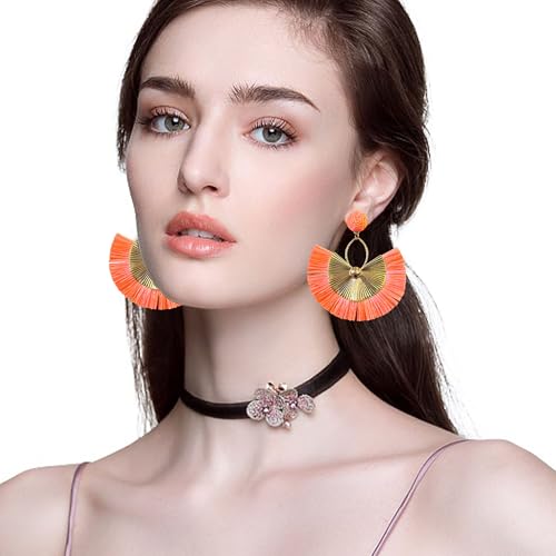 Anmpab Straw Fan Bohemian Tassel Earrings for Women Trendy Colorful Fringe Summer Beach Statement Earrings - color: Orange