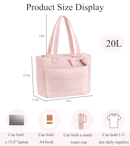 CTWWFS Puffer Tote Bag for Women, Quilted Bow Tote Bag with Cup Holder & 15.6 In Laptop Compartment for Work, Travel, Gym - color: Pink