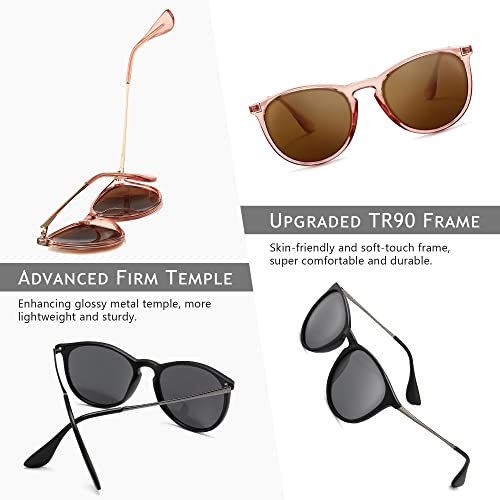 SUNGAIT Premium Vintage Round Sunglasses for Women Men Classic Retro Trendy Style - color: 2 Pack (Polarized): Matte Black/Gray+glossy Pink Brown/Light-brown