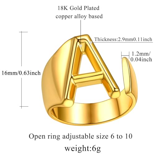 FindChic Customizable Initial Ring Statement 18K Gold Plated Fashion Cuff Rings for Women Alphabet Letter A to Z Resizable Knuckle Ring (with Gift Box) - color: A