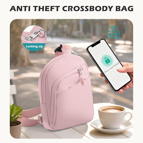 TOPEAST Anti Theft Crossbody Bags for Women Men, Small Sling Crossbody Bag Travel Purse Shoulder Wallet with RFID Blocking - color: Pink