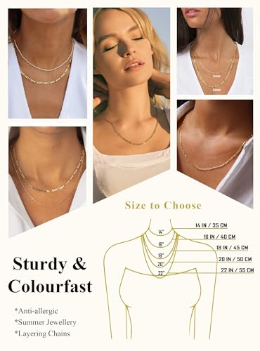 Avotto S925 Sterling Silver Figaro Chain Necklace for Women Girls 3mm/5mm Thick Sturdy & Colourfast Women's Chain Necklaces Jewelry for Women Girls 14/16/18/20/22/24/Inch - color: 3mm-Gold, size: 18 inch(45cm)-Average Length