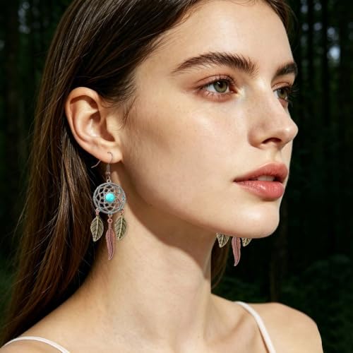 Boho Turquoise Drop Earrings Retro Long Copper Feather Tasse Metal Leaf Dangle Earrings Vintage Country Western Jewelry Cowgirl Ethnic Style Geometric Concert Festival Accessories for Women - color: Dream Catcher Copper
