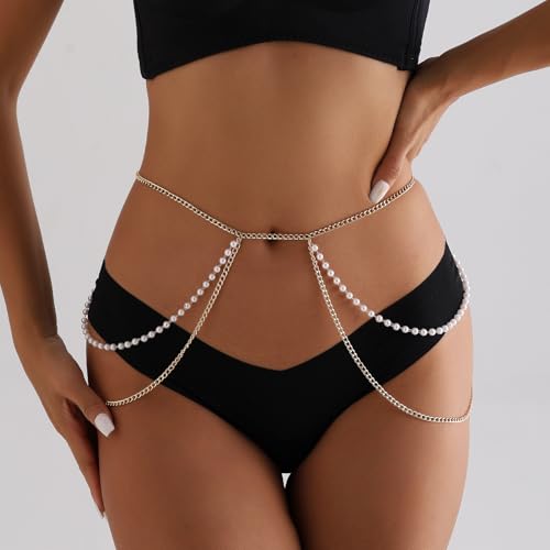 Bohemian Fake Pearl Bikini Body Chain for Women Adjustable Waterproof Belly Waist Jewelry Layered Cubic Zirconia Swimsuits Beach Chains Summer Festival Mermaid Party Accessories - style: Style-E
