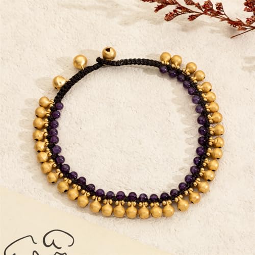 Jingling Round Stone Brass Anklet Bracelet Handmade Boho Ankle Bracelets for Women Minimalist Jewelry - color: purple