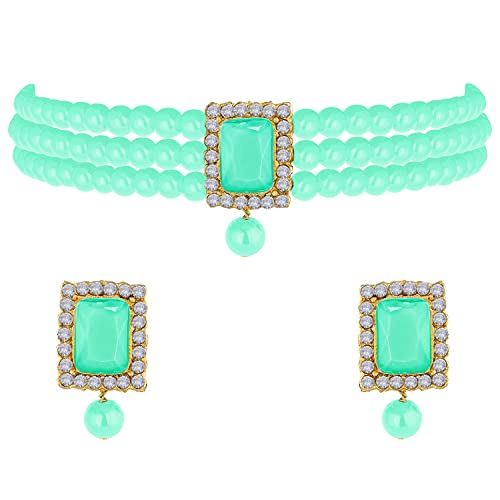 Aheli Ethnic Choker Necklace Earrings Wedding Bollywood Party Jewelry Set Gift for Women - color: Mint Green