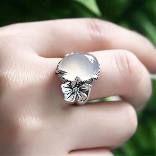 Boho Oval Stone Flower Leaf Statement Ring for Women Antique Silver Plated Vintage Crystal Plum Blossom Adjustable Open Wrap Rings Comfort Fit Retro Gemstone Art Decor Wedding Engagement Jewelry - color: White