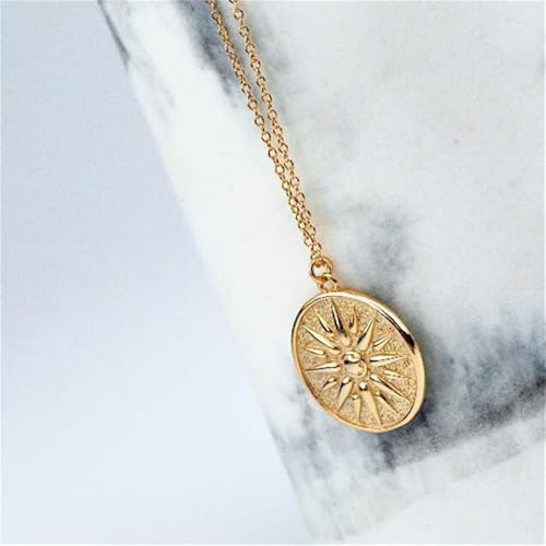 NewZenro Vintage Sun Embossed Round Disc Pendant Necklace for Women Dainty Minimalist S925 Sterling Silver 18K Gold Plated Link Choker Necklaces Adjustable Chain Fashion Trendy Jewelry for Her Bff - color: Gold