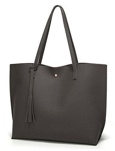 Dreubea Women's Soft Faux Leather Tote Shoulder Bag from, Big Capacity Tassel Handbag - color: Dark Grey