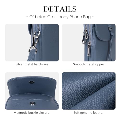 befen Genuine Leather Small Crossbody Bags for Women, Multi Pocket Cell Phone Crossbody Purse with RFID Blocking Card Slots - color: Light Blue